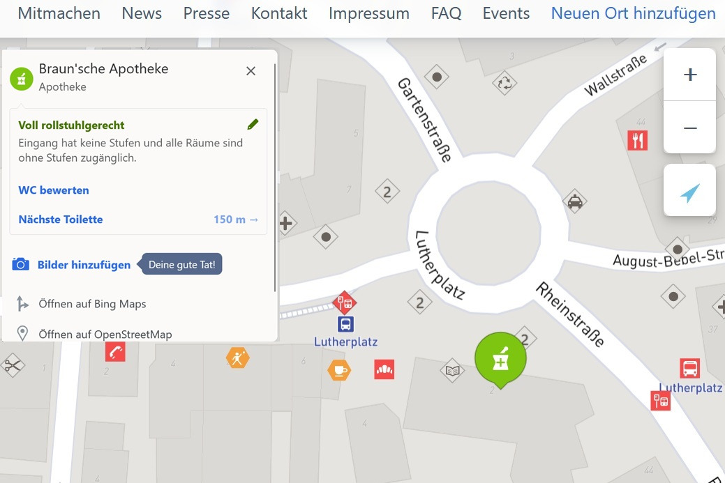 Wheelmap Beispiel, Langen Lutherplatz Das Bild zeigt einen Ausschnitt aus der wheelmap.org von Langen am Lutherplatz