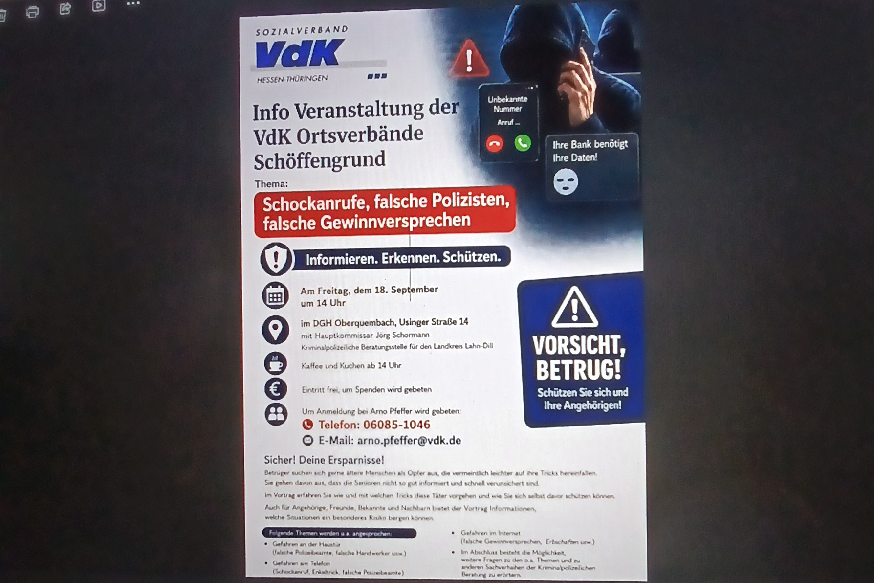 Hinweise zur Veranstaltung Vorsicht Betrug