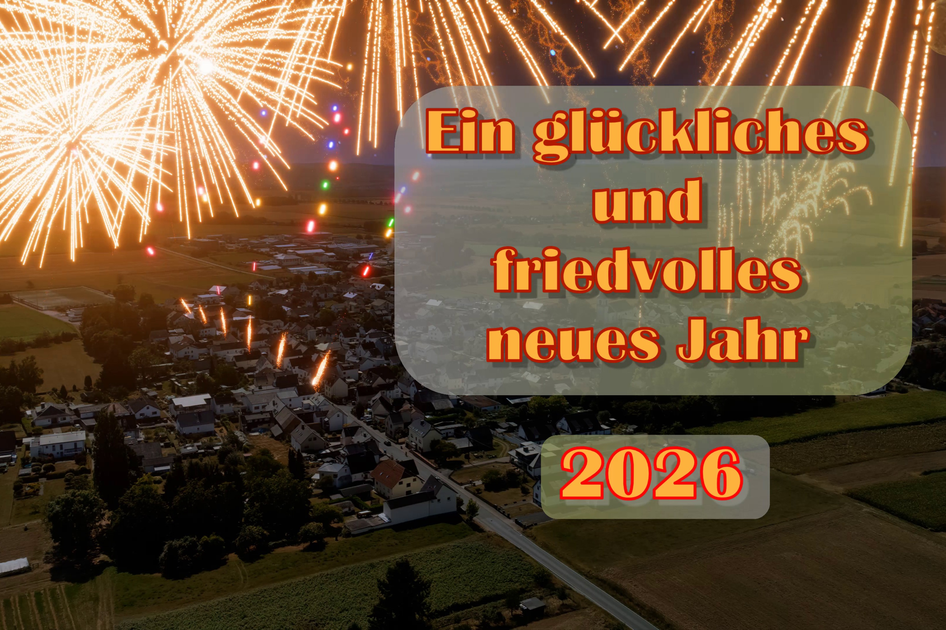 Virtuelles Feuerwerk &uuml;ber Oberweyer mit den W&uuml;nschen f&uuml;r ein gl&uuml;ckliches und friedvolles neues Jahr 2026
