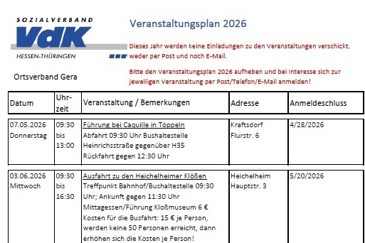Veranstaltungsplan 2026
