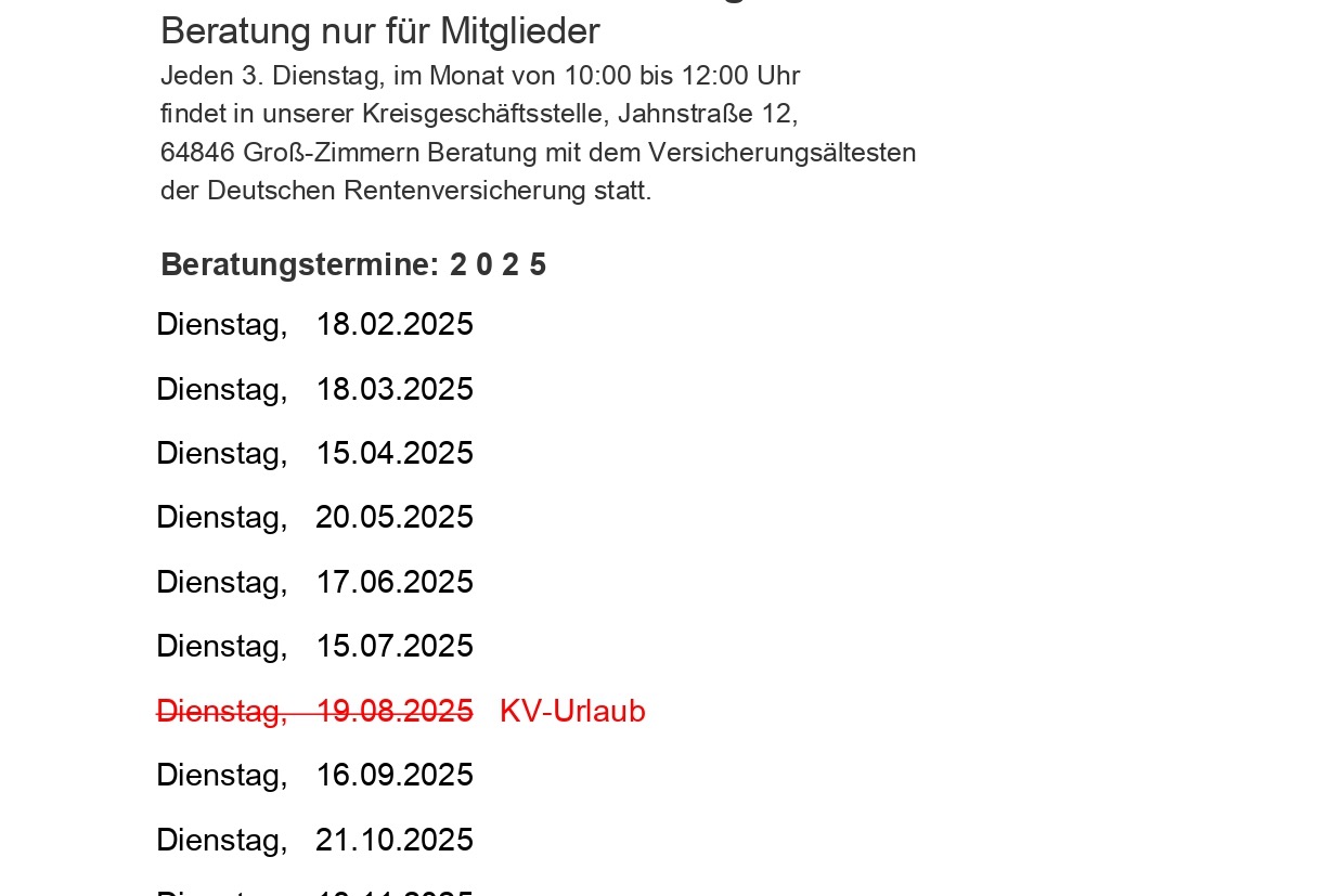 Termine 2025, Rentenberatung Termine Rentenberatung 2025