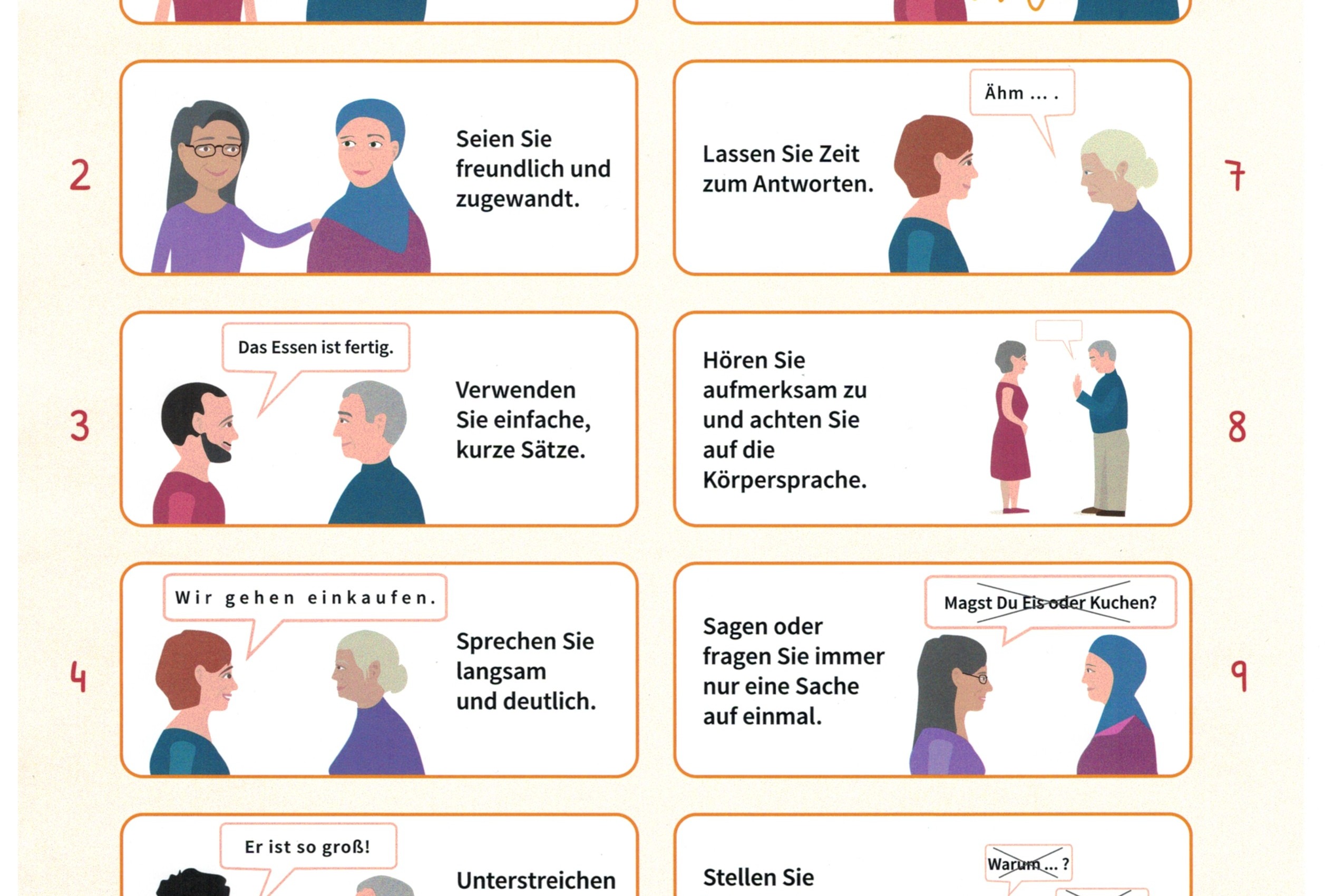 Die Grafik zeigt 11 Tipps f&uuml;r eine verst&auml;ndliche und respektvolle Kommunikation mit Menschen mit Demenz, zum Beispiel einfache S&auml;tze, deutliches Sprechen, Geduld und aufmerksames Zuh&ouml;ren.