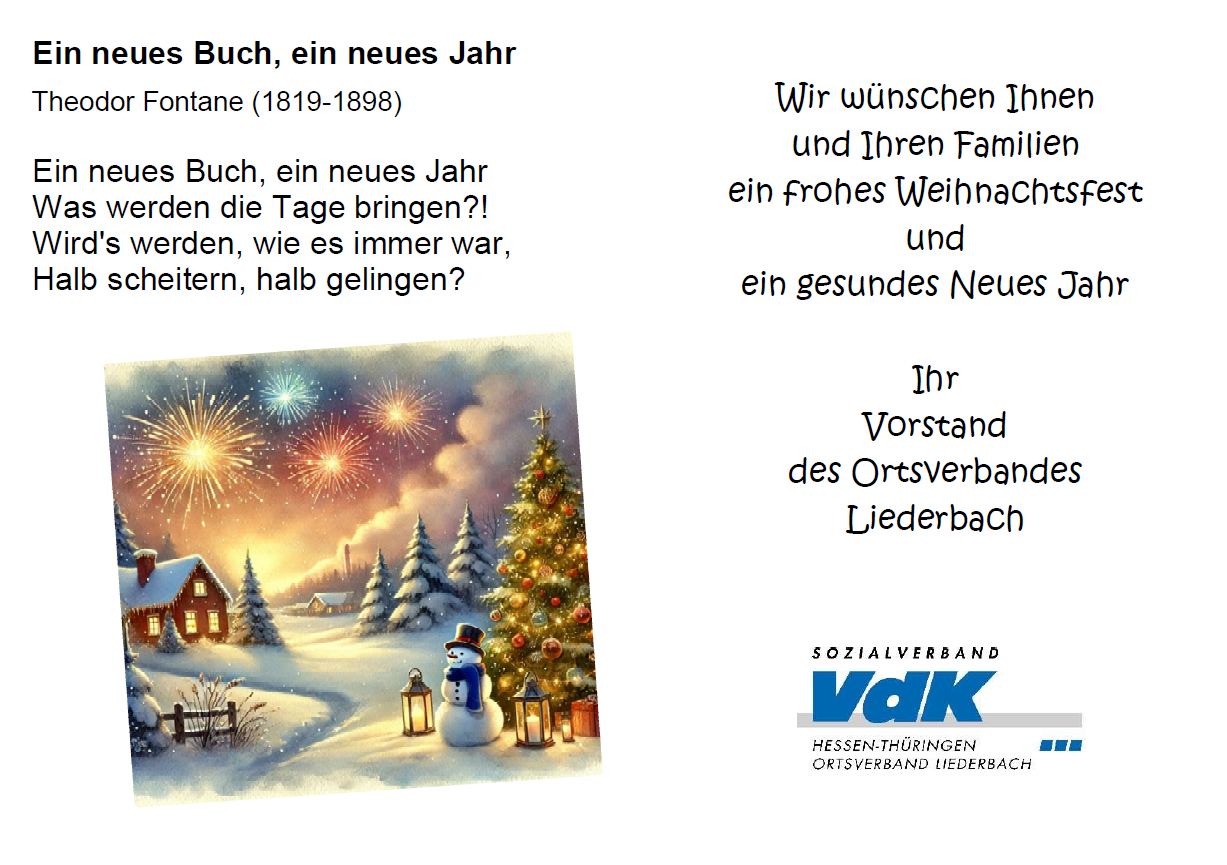 eine winterliche Landschaft mit den Weihnachtsgrüssen des VdK OV-Liederbach